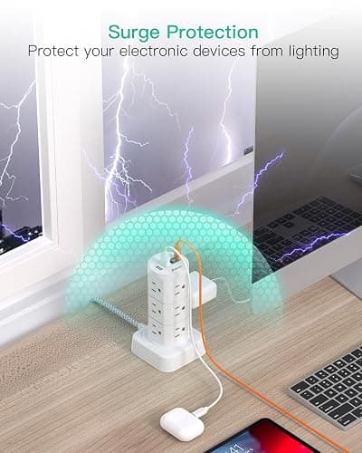 Power Strips with Surge Protection, Flat Plug Power Strip with 12 Outlets 4 USB Ports, Charging Station Tower 1875W/15A 1080J 6Ft Extension Cord with Multiple Outlets, Office Supplies, Dorm Essentials thumbnail 4