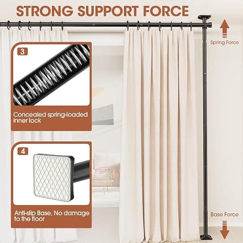 SUNALLY Room Divider Curtain Rod, No Drilling Room Separator for Space Partition Adjustable 4-10ft(H) 28-70inch(W) Heavy Duty Temporary Wall Divider Floor to Ceiling Tension Rod, Black thumbnail 3