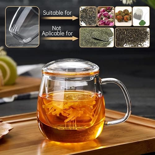 DOPUDO Glass Teacups 2 Pack Glass Tea Cup with Infuser and Lid, 17.6oz/520ml Large Borosilicate Teacup,Tea Clear Mug Cup for Loose Leaf Blooming Tea, Microwave & Dishwasher Safe thumbnail 3