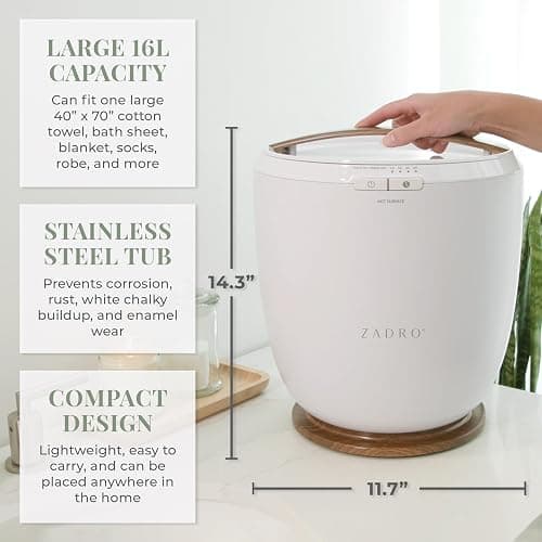 Zadro Countertop Towel Warmer with Stainless Steel Bucket for Spa and Bathroom, Timer 15/30/45/60 Minutes, Fits 1 Large Towel, Blanket, Bathrobe, PJs (White/Oak) thumbnail 3