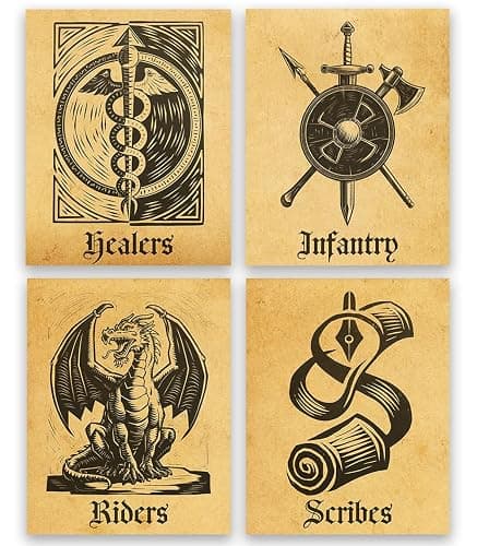 War College Four Quadrants 8x10 Set of 4 Unframed Poster - Medieval Fiction Wall Art - Healers, Infantry, Riders, Scribes, Vintage Fantasy Role-Playing Game Decor, Sword and Shield, Dragon & Caduceus - Image 1