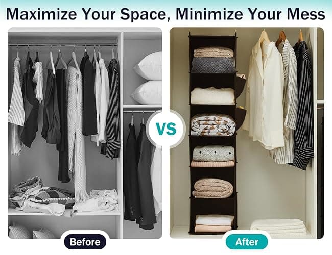 YOUDENOVA Hanging Closet Organizer, 6-Shelf Closet Hanging Storage Shelves, Brown thumbnail 5