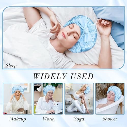 Obeoby Satin Silk Sleep Bonnet for Women, Double-Layer Hair Bonnets with Adjustable Tie Band for Curly Natural Wavy Hair Holiday Birthday Gifts (Blue,Extra Large) thumbnail 6