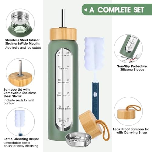 SipZest 32 oz Glass Water Bottle with Straw - Motivational Time Marker & Silicone Sleeve - Reusable Tumbler Includes 2 Bamboo Lids & Fruit Infuser - 1 Pack thumbnail 3