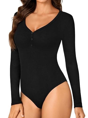 LYANER Women's Henley Shirts Long Sleeve Bodysuit V Neck Button Down Body Suit Leotard Tops thumbnail 3