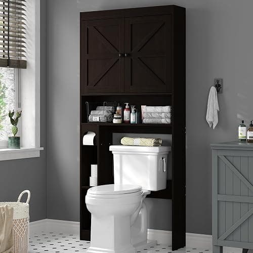 Furnideco 32.3''W Over The Toilet Storage Cabinet with Barn Doors, Over Toilet Shelf Farmhouse Storage Cabinet Space Saver with Toilet Paper Holder & Adjustable Bottom Bar, Espresso - Image 1