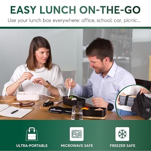 Umami Bento Box Adult All-In-1 w/4 Utensils, 2 Sauce Jars 2 Dividers, Bamboo Lid, 100% Leakproof, Microwave & Dishwasher Safe Stackable Bento Lunch Box Containers for Men/Women, Black Beige, 68 oz thumbnail 5
