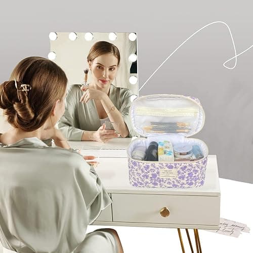 WYJ Purple Large Quilted Floral Makeup Bag Cute Soft Coquette Aesthetic Cosmetic Bag Cotton Travel Toiletry Bag for Women thumbnail 6