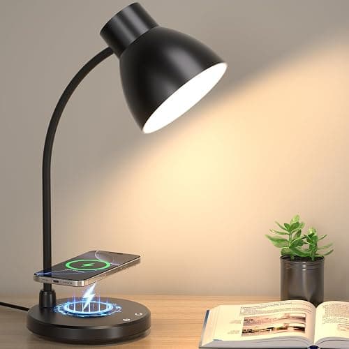 Vicsoon Desk Lamps for Home Office - LED Desk Lamp with Wireless Charger, 3 Color Modes Dimmable Eye-Caring Study Reading Desk Light, Small Flexible Arm Table Lamp for College Dorm Room Bedside, Black - Image 1