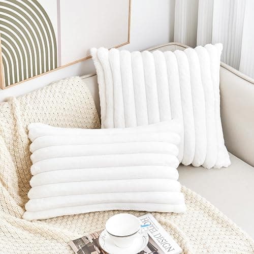 GriNeed Throw Pillow Covers Decorative Faux Fur Set of 2 18x18 Inch Pillow Covers, Soft Cream White Striped Pillowcases for Couch Sofa Bed Living Room, Fluffy Cute Home Boho Accent Fuzzy Decor thumbnail 5