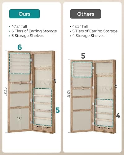 SONGMICS 6 LEDs Mirror Jewelry Cabinet, 47.2-Inch Tall Lockable Wall or Door Mounted Jewelry Armoire Organizer with Mirror, 2 Drawers, Christmas Gift, 3.9 x 14.6 x 47.2 Inches, Toasted Oak Color thumbnail 8