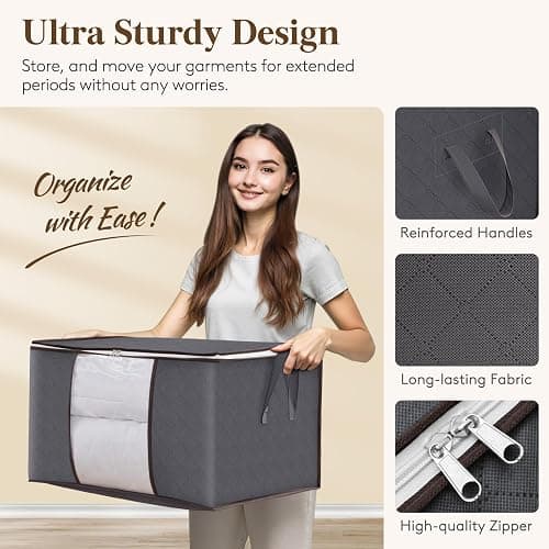 Lifewit Clothes Storage Bag, Fabric Closet Organizers, Foldable Moving Bags with Reinforced Handle, Sturdy Zipper, Clear Window, for Clothing, Blankets, Grey, 3 Pack thumbnail 4