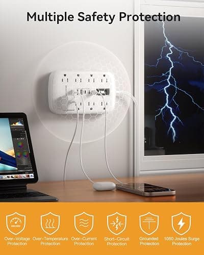 Flat Plug Power Strip with USB Ports - Flat Extension Cord 3FT with 8 AC Outlets 6 USB(3 USB C), Short Extension Cord Surge Protector Multi Plug Wall Plug for Travel, Home, Dorm Room Essentials, White thumbnail 7