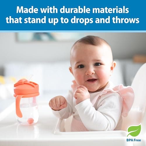 Dr. Brown's Milestones, Baby's First Straw Cup Sippy Cup with Straw, 6m+, 9oz/270ml, 2 Pack, Coral & Olive Green, BPA Free thumbnail 3