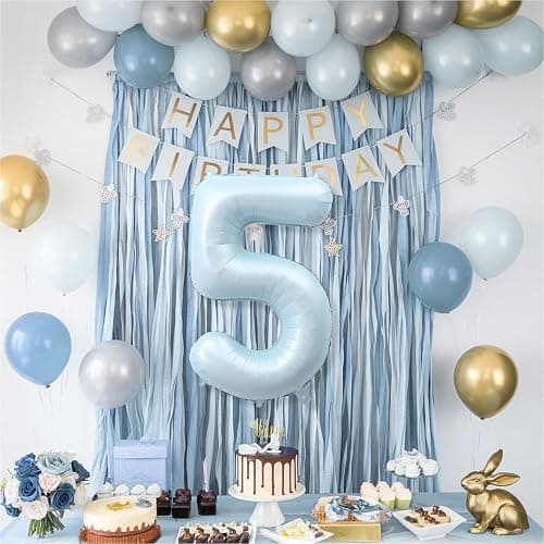 Big Number 5 Balloons, Dusty Light Blue Foil 5 Balloon Numbers 40 Inch, Giant 5th Birthday Party Decor, Matte Baby Blue Mylar Helium Self Inflating Balloon for Boys Birthday Anniversary Decorations thumbnail 6
