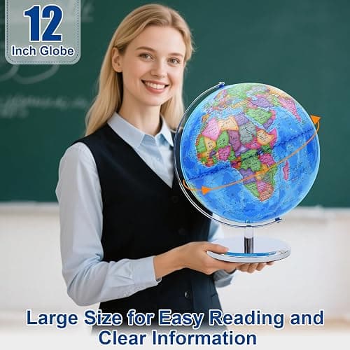 World Globe for Children and Adults, 12 inch Educational Spinning Earth Map with Stand, Self-Assembled Interactive World Globes for Kids Learning, Classroom, Students Desk, Room and Office Decor thumbnail 5