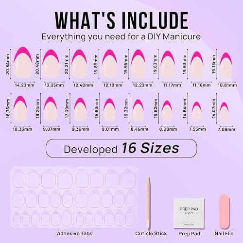 French Tip Press On Nails Almond - BTArtbox Hot Pink Short Stick On Nails for Women, Glue On Nails with Nail Glue in 16 Sizes - 32 Soft Gel Fake Nails Kit, Berry French thumbnail 6