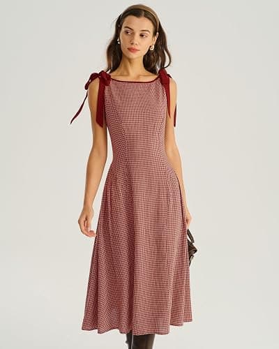 RIHOAS Women's Plaid Boat Neck A-Line Midi Dress - Casual Vintage Plaid Dress for Women thumbnail 2