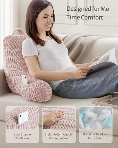 Blissful Diary Reading Pillow, Backrest Pillow with Shredded Memory Foam for Adult & Children, Designed for Bed and Couch Sitting Up, Includes Arms, Pockets and Washable Cover, Pale Pink thumbnail 3