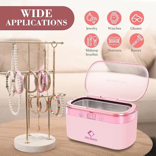 LifeBasis Ultrasonic Jewelry Cleaner, 17 OZ Ultrasonic Cleaner with 42kHz, Portable Jewelry Cleaner with 5 Cleaning Timer and Watch Holder for Jewelry Eyeglasses Watches Gold - Pink thumbnail 5