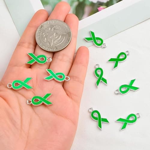 WANDIC 80 Pcs Green Ribbon Pendants, Plastic Silver-rimmed Mental Health Awareness Charms Environment protection Liver Cancer Accessory for Jewelry Making thumbnail 2