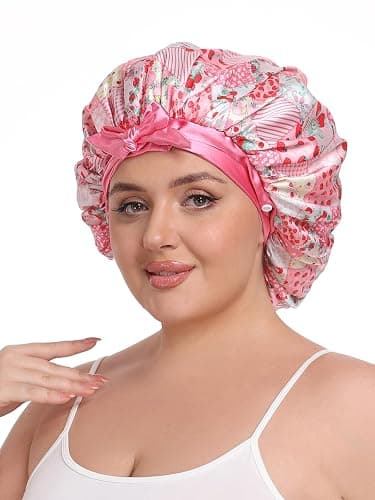 Vettres Double Layer Satin Hair Bonnet with Eye Mask Silk Sleep Cap with Tie Head Wrap for Curly Natural Hair Pink Strawberry thumbnail 3