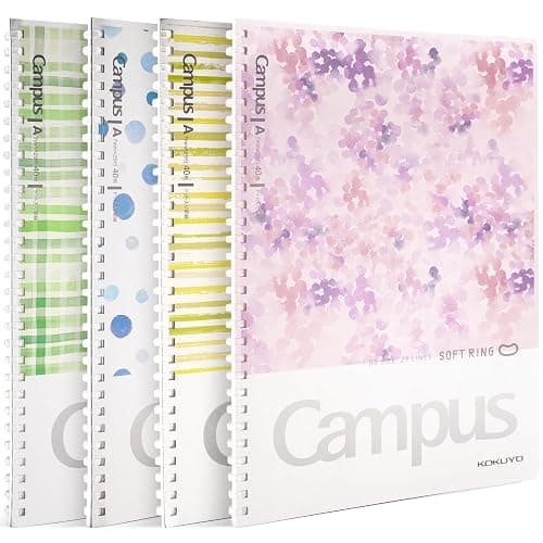 Kokuyo Spiral Notebook Journal, 4 Pack Campus B5 Soft Ring Notebooks with Dotted A 7mm Rule, 40 Sheets, Aesthetic 1 Subject Notebook in Blue Pink Yellow Green, College Office Note Taking. Japan Import - Image 1