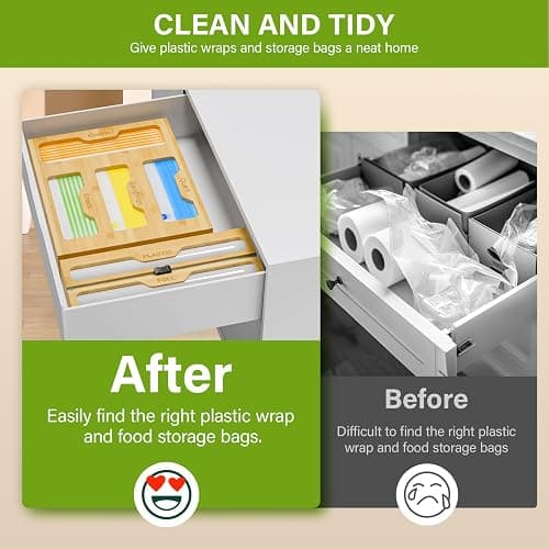 KOCWELL Bamboo Bag Storage Organizer - 2 Wrap Dispenser with Cutter & 4 Slots Food Storage Bags Container - Kitchen Drawer Plastic Bags Storage Organization for Gallon Quart Sandwich Snack Bags thumbnail 5