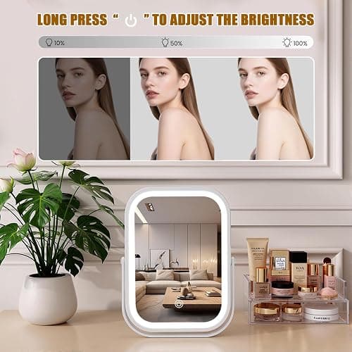 Rechargeable Travel Makeup Mirror, 8"×6" Small Vanity Mirror with Lights, 1500mAH Battery, 3-Color Lighting, Dimmable, 360° Rotation, Portable Desk Mirror with Storage Pouch, Travel Essentials (White) thumbnail 5