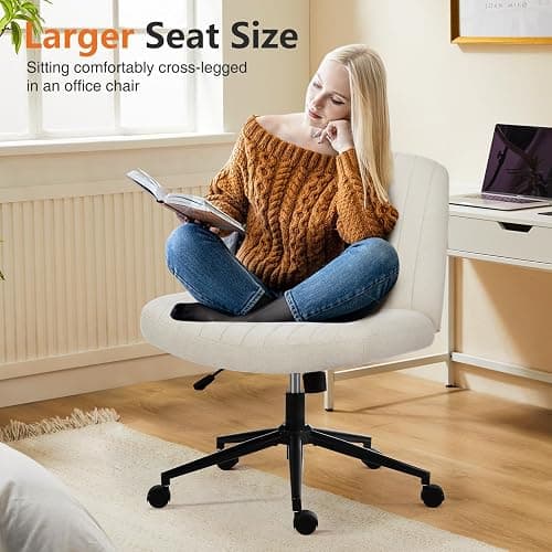 Sweetcrispy Criss Cross Chair Legged, Armless Office Desk Chair with Wheels, Swivel Vanity Height Adjustable Wide Seat Computer Task Seating - Beige thumbnail 3