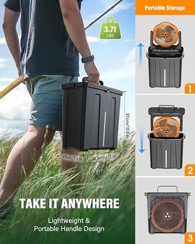 Ausic 9L Bucket Portable Misting Fan for Outdoors Patios, 20000mAh Rechargeable Battery Operated Camping Fan, 3 Strong Winds, 3 Large Spray Outlets, for Fishing/Travel/Garden Party/Golf/Tent/Office thumbnail 6