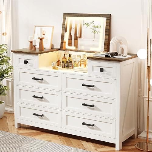 BROTTAR Dresser with Mirror for Bedroom, Chest of Drawers with LED Mirror, 8 Drawer Dresser, White Dressers for Kids, Wood Dressers, Farmhouse Makeup Vanity with Storage for Bedroom - Image 1
