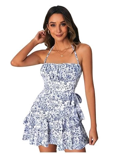 Floerns Women's Floral Halter Ruffle Tiered Cute Summer Mini Dress Milkmaid Vacation Sundress thumbnail 3
