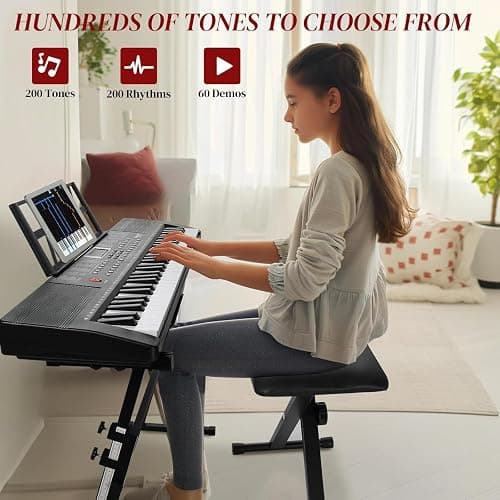 Ktaxon 61 Key Keyboard Piano Electric Keyboard with Lighted Keys | Electric Piano Set with Headphones, Microphone, Music Rest, Power Adapter, Stand, Piano Bench, Stickers & Manual(Full-Black) thumbnail 2