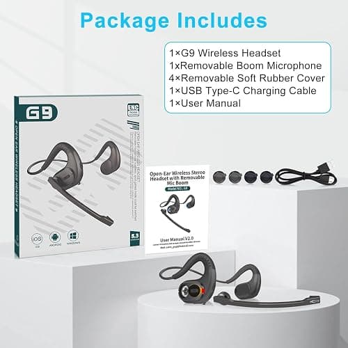 iDIGMALL Bluetooth Headset with Detachable Microphone, Multi-Point Wireless Headset w/DSP Noise Canceling Mic for Phone PC Laptop, Comfort & Light Open Ear headphones for Office Meeting Home Work, 12H thumbnail 9