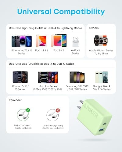 Anker iPhone Charger, 2-Pack 20W Fast USB C Charger Block, Type C Charger Fast Charging for iPhone 17/17 Pro Max/16 Series/iPad Pro and More (Green, 2 Pack & 2 Cable) thumbnail 6