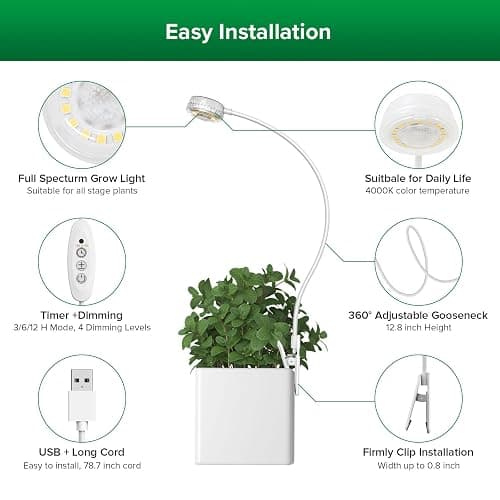SANSI Grow Lights for Indoor Plants, Pot Clip LED Plant Light for Growing Full Spectrum, Plant Growing Lamp 4-Level Dimmable Auto On Off 3 6 12 Hrs Timer for Small Plants, White 5V 3-Pack ETL Listed thumbnail 5