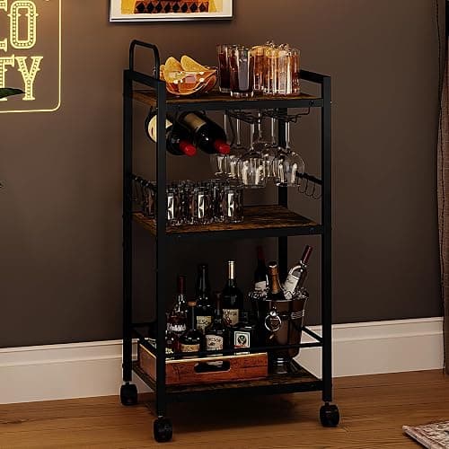Bar Cart for The Home, 3 Tier Kitchen Carts with Wheels, Small Rolling Cart with Glass Holders, Wine Rack, Mini Bar Cart for Kitchen, Dining room, Living Room, 13.0"D x 17.0"W x 33.8"H, Rustic Brown thumbnail 9
