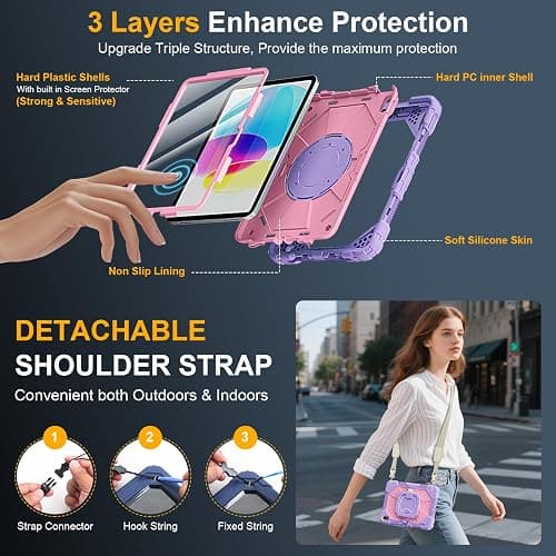 Case for iPad (A16) 11th/10th Generation 11/10.9 Inch 2025/2022, Ubearkk for iPad a16 case with Screen Protector, 360 Degree Rotating Stand Shoulder Strap Pencil Holder, Purple Pink thumbnail 3