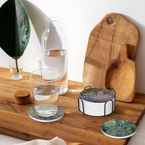 6 Pcs Drink Coasters with Holder, Claude Monet Water Lilies Absorbent Round Ceramic Coaster for Tabletop Protection, Home Decor Coasters for Coffee Cup Beverage Wine Beer Bar thumbnail 6