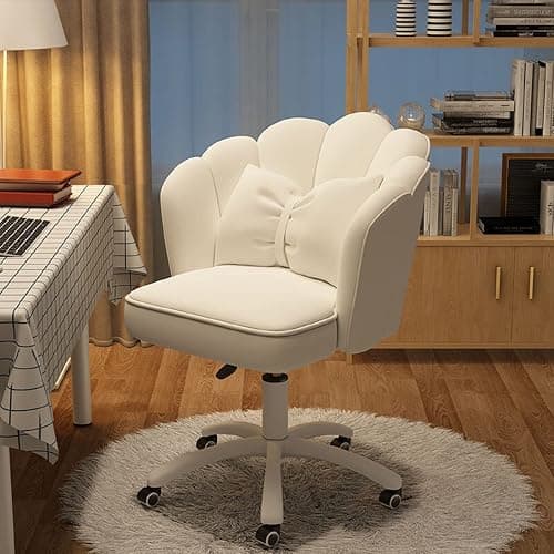 XUEGW Petal Desk Chair with Bow Cushion Velvet Vanity Chair with Wheels, Upholstered Home Office Chair for Girls Women, Mid-Back Swivel Computer Task Chairs for Living Room Bedroom - Image 1