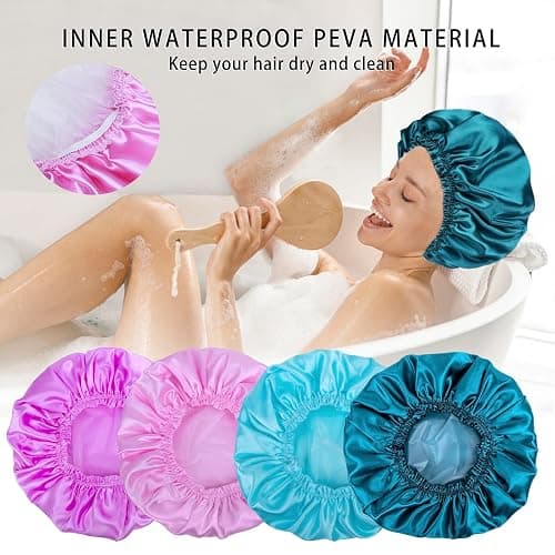 Shower Caps for Women, 4 PCS Elastic and Reusable Bath Caps, Double Waterproof Layers Shower Cap, Bathing Shower Caps, Environmental Protection Hair Bath Hat - Solid Color thumbnail 7