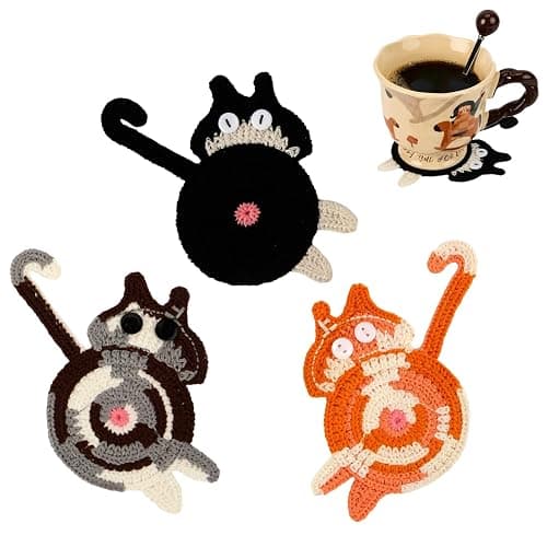 Cat Gifts for Cat Lovers 3PCS Cat Coaster Woven Creative Cute Cat Coaster Insulation Coaster Coffee and Tea Coaster Desktop Gifts thumbnail 9