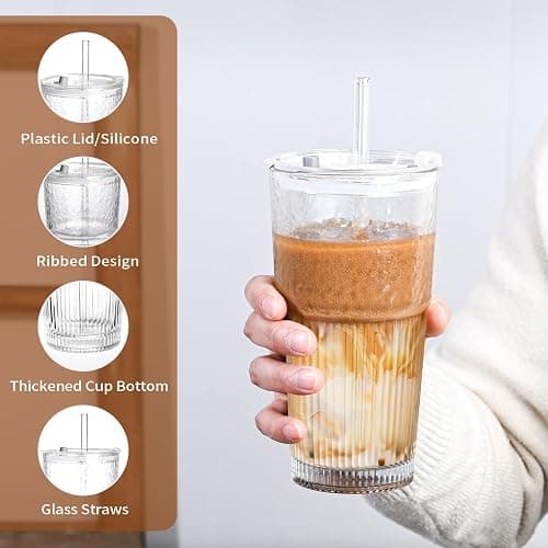 AUFXKOO 20oz Glass Tumblers with Lids and Straws,2PCS Glass Cups with Lids and Straws,Iced Coffee Cups with Lid,Drinking Glasses for Juice, Smoothies thumbnail 6