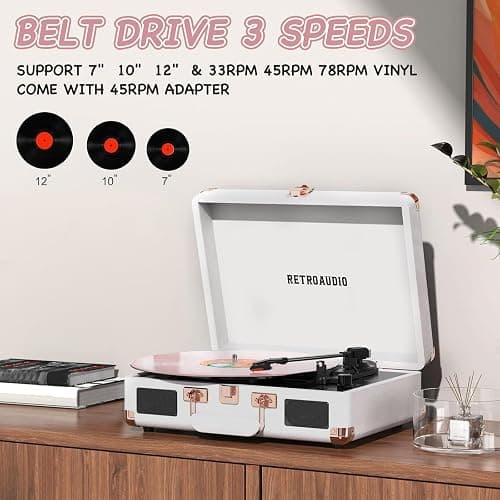 Vinyl Record Player with Built-in Speakers 3-Speed Vintage Record Player Bluetooth Portable Suitcase Turntable Belt-Driven LP Player Support RCA Output and Headphone Output (White Rose Gold) thumbnail 4