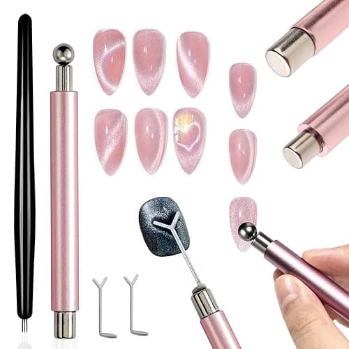YECIRALA 2 Pcs Cat Eye Magnets For Nails, Pink Double-Side Cylinder Nail Magnet With Big Bead Magnet And Black Point Magnet Pen For Cat Eye Gel Polish, Multi-Functional Cateye Magnets For Nails - Image 1
