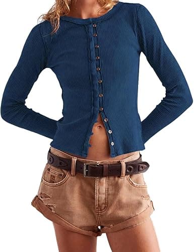 Womens Slim Fitted Cardigan Long Sleeve Y2K Ribbed Tops Button Down Shirts - Image 1