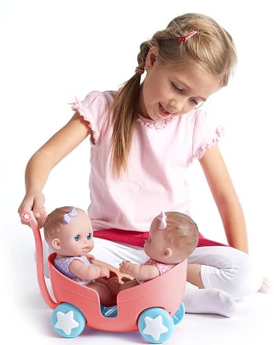 Lil Cutesies TWIN 8.5" All Vinyl Dolls and Stroller Set | Posable and Washable | Removable Outfits |Twin Stroller and Accessory | JC Toys | Ages 2+ , Green thumbnail 5