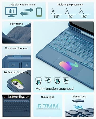 CHESONA for iPad 10th Generation Case with Keyboard, 7 Color Backlight, Multi-Touch Trackpad, Flip Stand Case with Pencil Holder, 2 Wireless Channels for iPad (A16) 11th/10th Gen 2025/2022, Steel Blue thumbnail 3