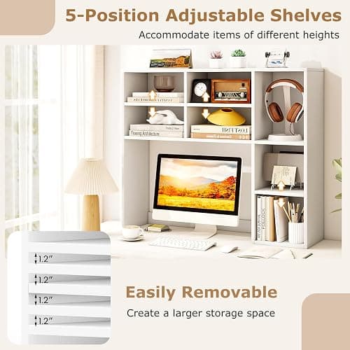 Tangkula Desktop Bookshelf, 37" Countertop Storage Hutch with 7 Cubes & 3 Adjustable Shelves, 3-Tier Desk Display Rack Organizer, Multipurpose Wood Desktop Hutch for Dorm Home Office (White) thumbnail 7